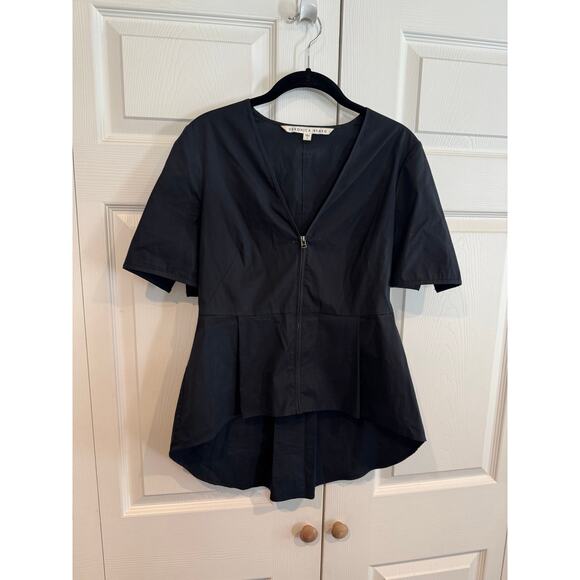 Veronica Beard Black Structured Short Sleeve Zip-Front Peplum Blouse - Picture 4 of 8